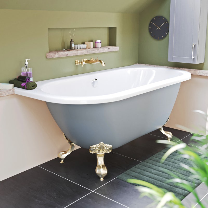 The Bath Co. Dalston province blue back to wall freestanding bath with antique bronze ball and claw feet