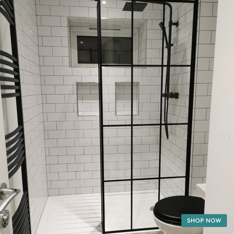 Mode 8mm black framed panel with stone shower tray 1200 x 800
