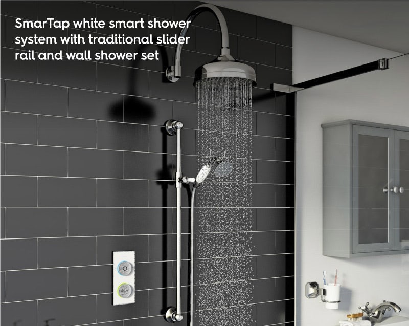 SmarTap white smart shower system with traditional slider rail and wall shower set