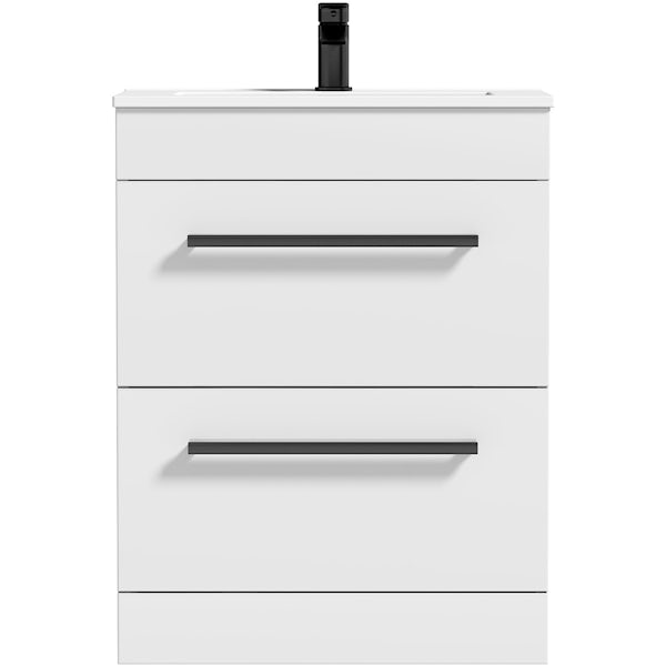 Orchard Derwent white floorstanding vanity drawer unit with black handle and ceramic basin 600mm