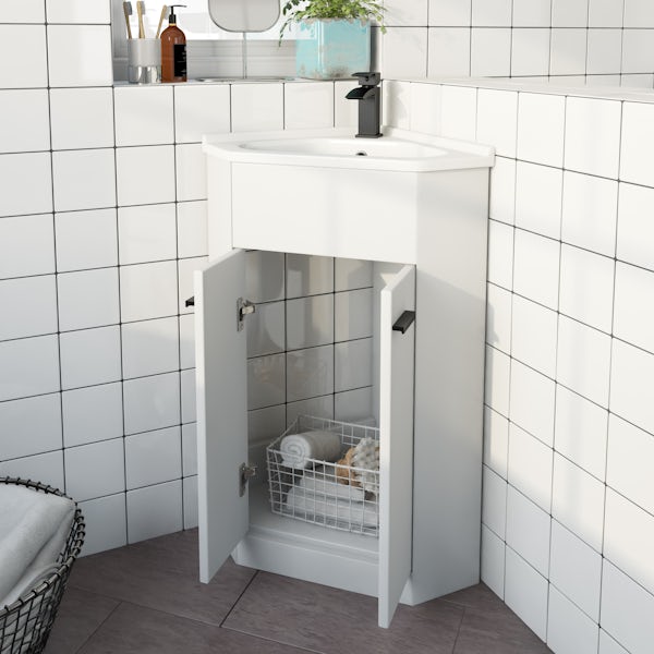 Clarity Compact white corner floorstanding vanity unit and ceramic basin 580mm with tap and black handles