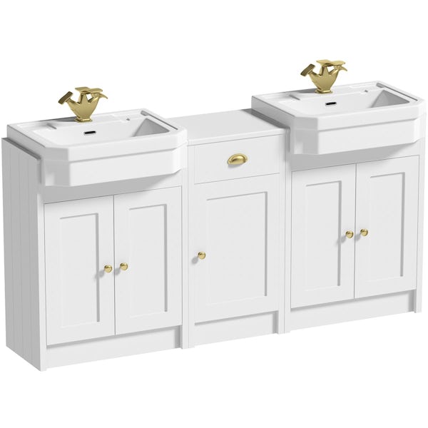 Orchard Dulwich matt white floorstanding double vanity unit and Eton basin with storage combination - brushed brass