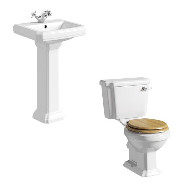 The Bath Co. Dulwich cloakroom suite with oak effect seat and full pedestal basin 571mm
