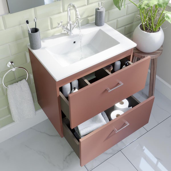 Orchard Lea tuscan red wall hung vanity unit 600mm and Derwent square close coupled toilet suite