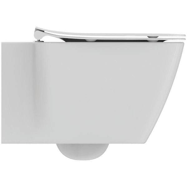 Ideal Standard Strada II wall hung toilet with Aquablade, soft close seat, frame, cistern and Solea black dual flushplate