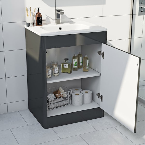 Mode Carter slate gloss grey floorstanding vanity unit and ceramic basin 600mm with mirror cabinet