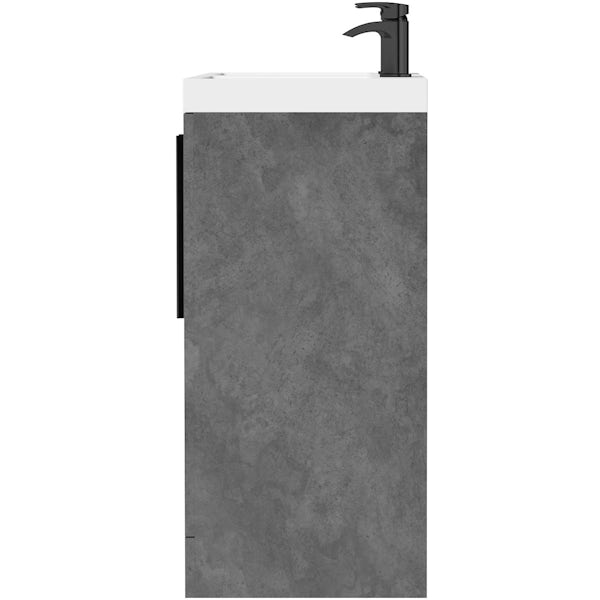 Orchard Kemp riven grey floorstanding double vanity unit with black handles and basin 1200mm