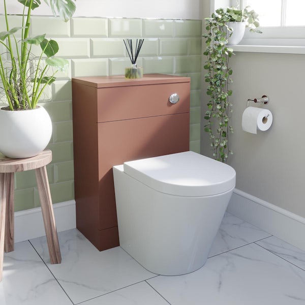 Orchard Lea tuscan red slimline back to wall unit 500mm and Contemporary back to wall toilet with seat