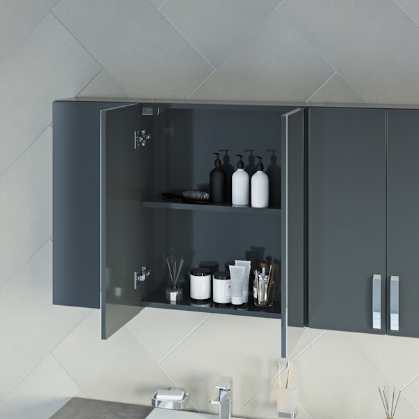 Mode Nouvel gloss grey tall fitted furniture & mirror combination with pebble grey worktop