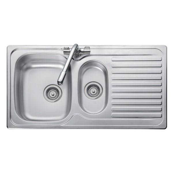 Leisure Linear reversible stainless steel 1.5 bowl kitchen sink and Schon single lever tap