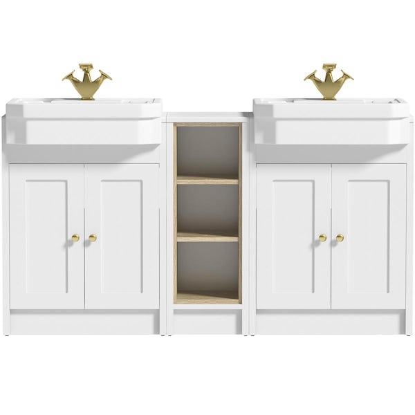 Orchard Dulwich matt white floorstanding double vanity unit and Eton basin with open storage combination - brushed brass