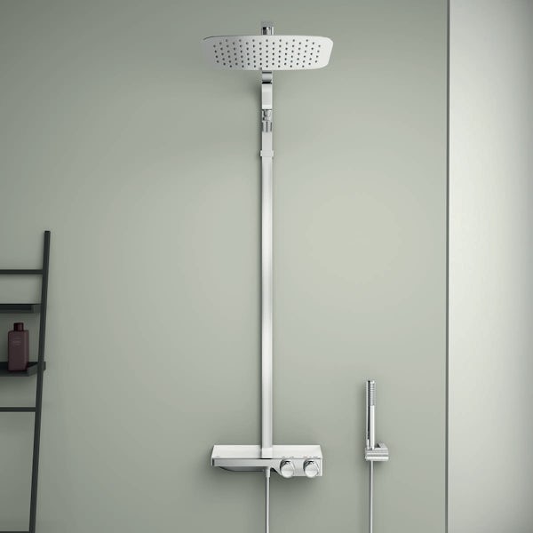 Ideal Standard Ceratherm S200 shower system with wall mounted handset and exposed thermostatic mixer shelf