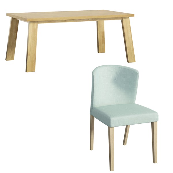 Lincoln oak dining table with 4 x Hudson light cyan dining chairs