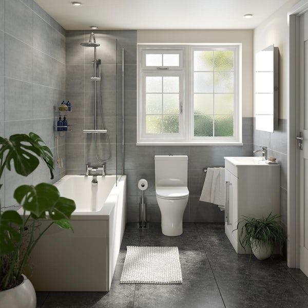 Orchard Derwent complete bathroom suite with straight shower bath, shower and taps