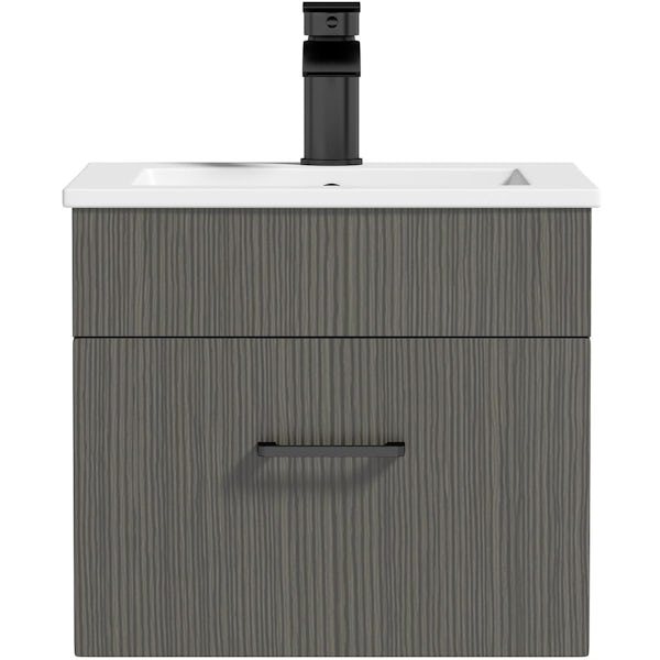 Orchard Lea avola grey wall hung vanity unit with black handle and ceramic basin 420mm