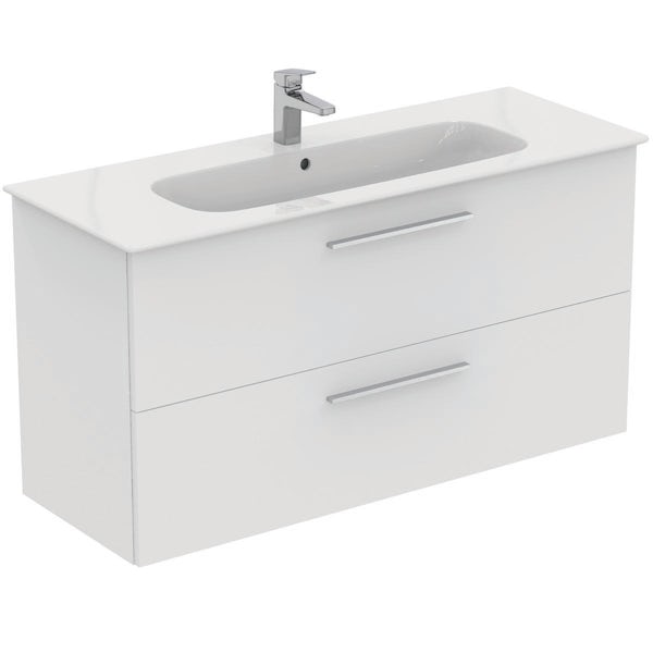 Ideal Standard i.life A matt white wall hung vanity unit with 2 drawers and brushed chrome handles 1240mm