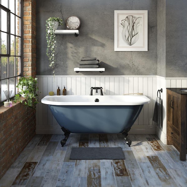 The Bath Co. Dalston traditional blue bath with matt black feet and tap pack