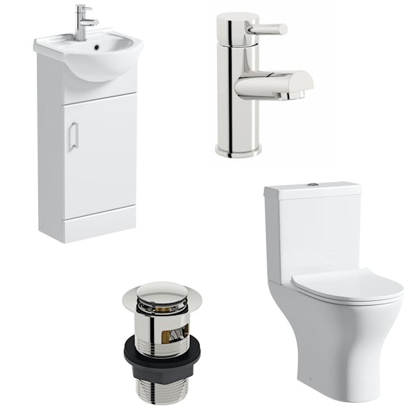 Orchard Eden white cloakroom suite with contemporary square close coupled toilet, basin mixer tap and waste