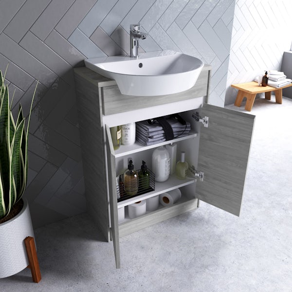 Ideal Standard Concept Air wood light grey and matt white wall hung vanity unit and recessed  basin 600mm