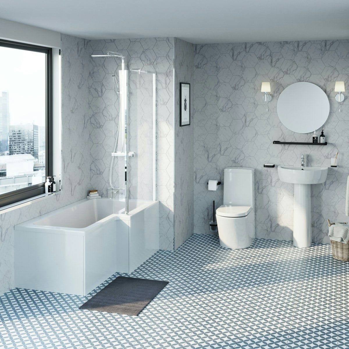 Mode Tate bathroom suite with right hand bath, shower and taps