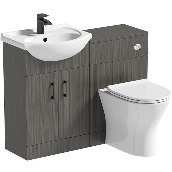 Orchard Lea avola grey 1060mm combination with black handle and Derwent round back to wall toilet with seat