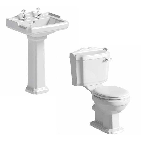 Winchester close coupled toilet suite with white seat and full pedestal basin 600mm