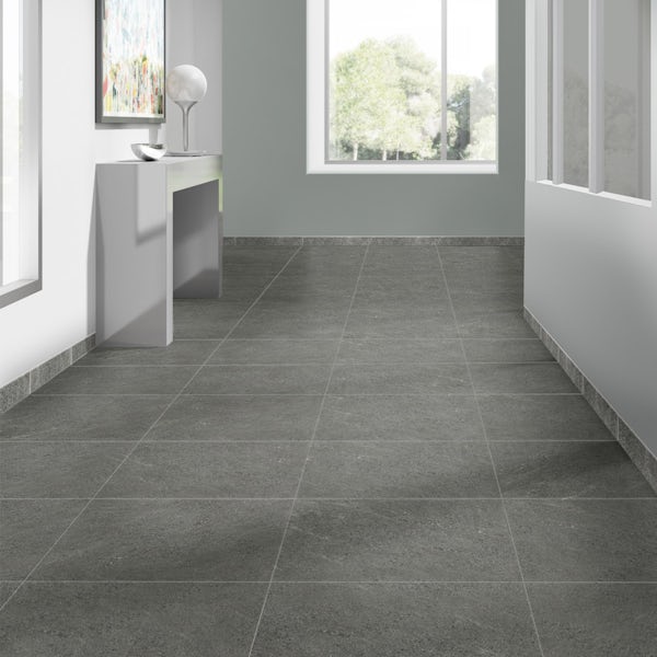Alden lux grey stone effect gloss wall and floor tile 600mm x 600mm