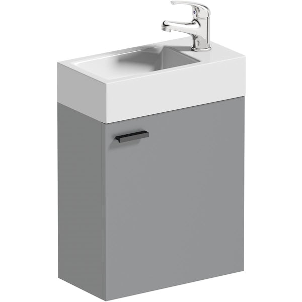 Clarity Compact white corner floorstanding vanity unit with black handle and ceramic basin 580mm