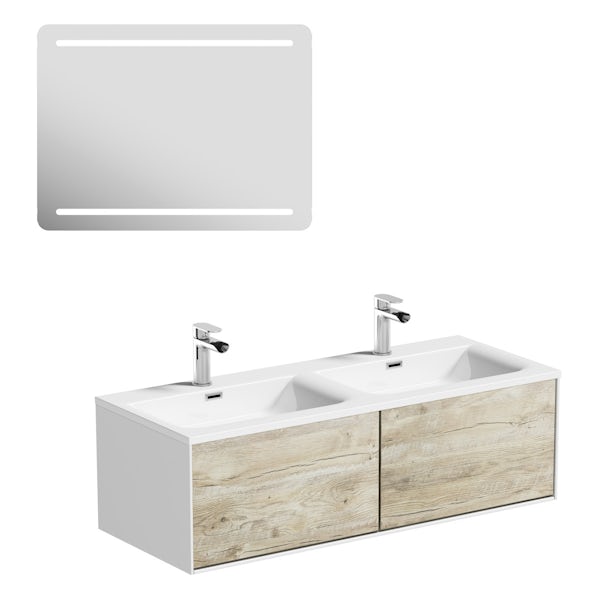Mode Burton white & rustic oak wall hung double basin vanity unit 1200mm & LED mirror offer