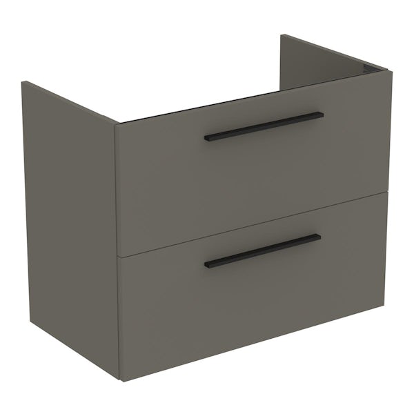 Ideal Standard i.life A quartz grey matt wall hung vanity unit with 2 drawers and black handles 840mm
