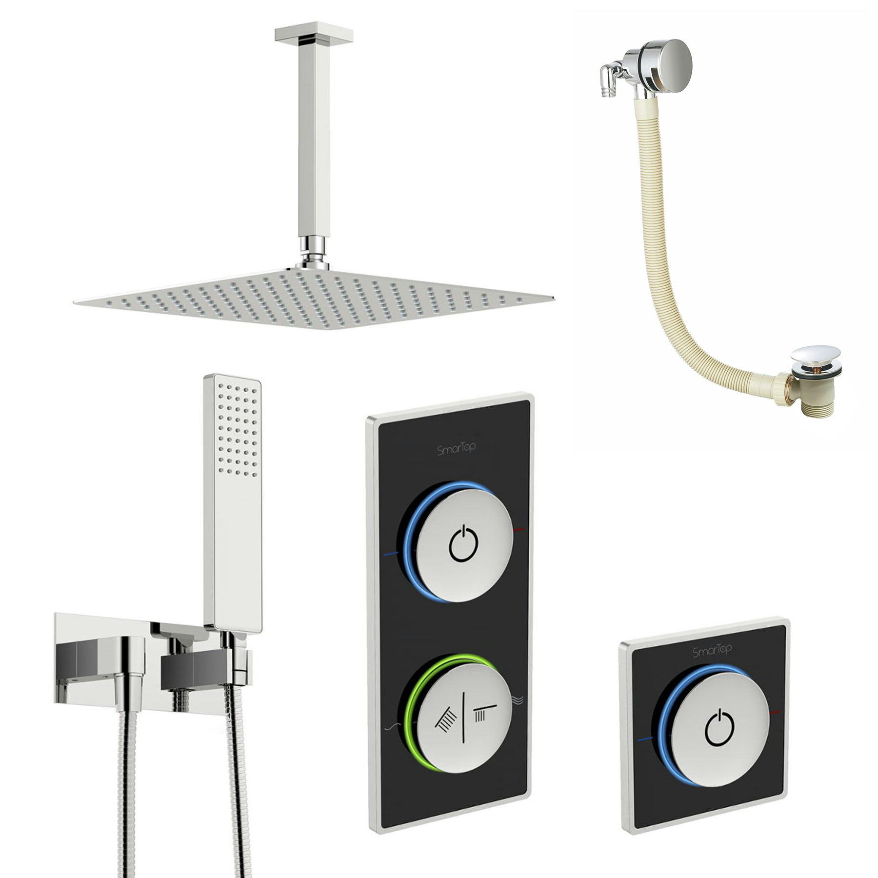 SmarTap black smart shower system with complete square ceiling shower outlet bath set