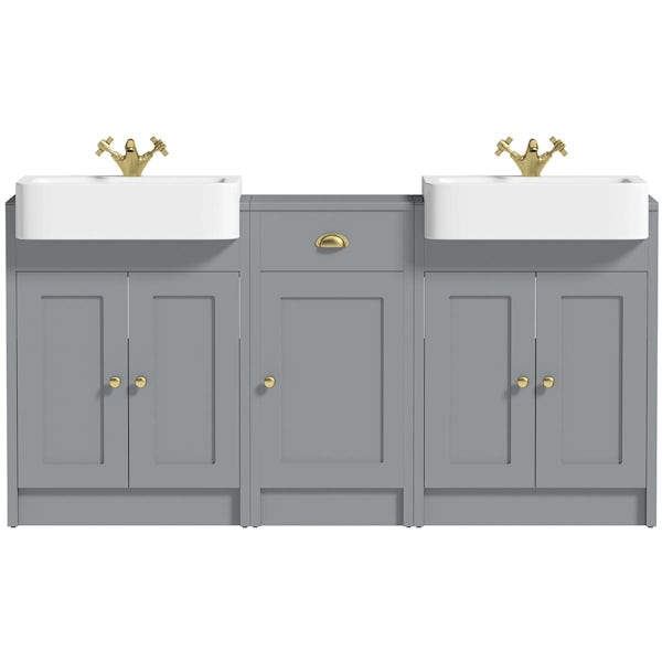 Orchard Dulwich stone grey floorstanding double vanity unit and basin with storage combination - brushed brass