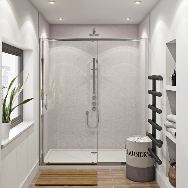 Mode Hardy shower door pack 1700 x 700 with Multipanel Economy Sunlit quartz shower wall panels