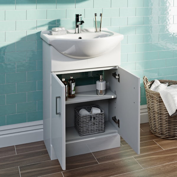 Orchard Eden white vanity unit and close coupled toilet suite with heated towel rail, mirror, tap and waste