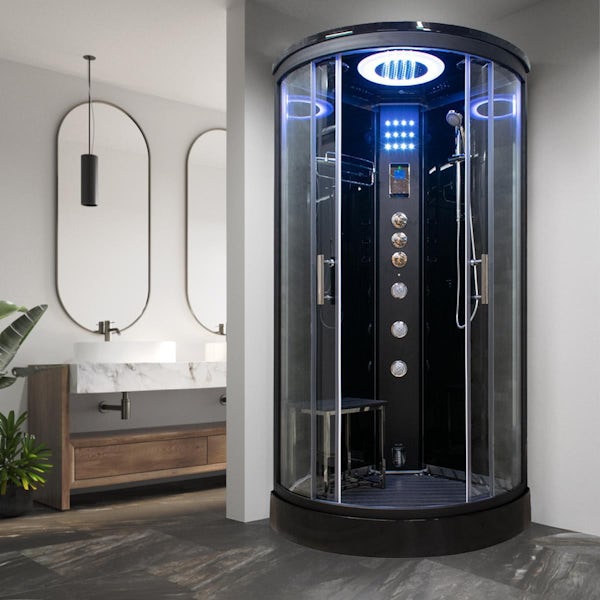 Vidalux Essence quadrant black framed steam shower cabin with black tray,  floor and seat