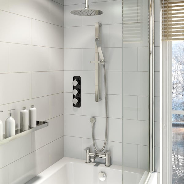 Mode Heath triple thermostatic complete shower set with bath filler, sliding rail and ceiling shower head