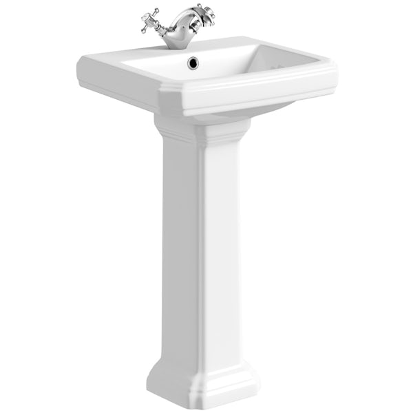 The Bath Co. Dulwich cloakroom suite with grey seat and full pedestal basin 571mm