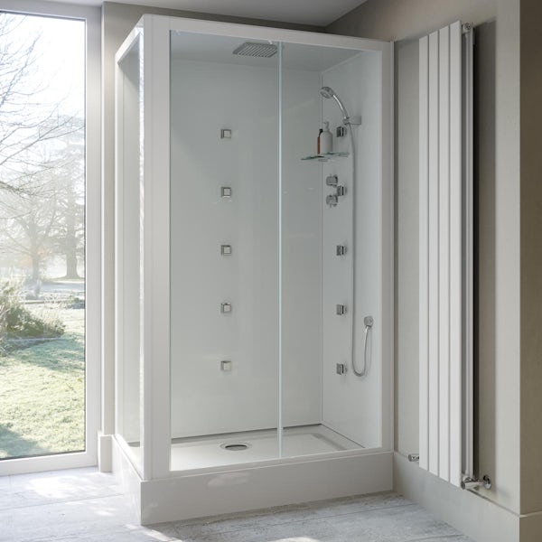 Mode rectangular white glass backed hydro massage shower cabin with wood effect floor and seat 1200 x 800
