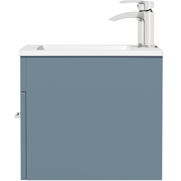 Orchard Lea ocean blue wall hung vanity unit 420mm and Derwent square close coupled toilet suite