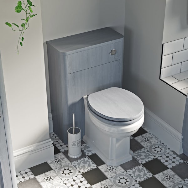 The Bath Co. Beaumont powder blue back to wall unit and traditional toilet with wooden seat