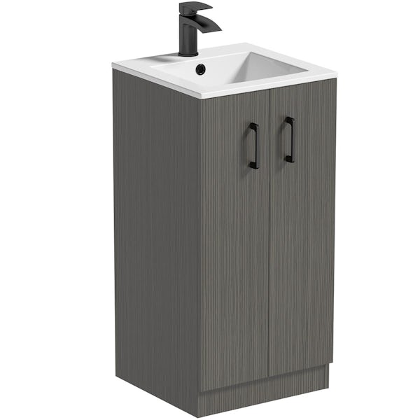 Orchard Lea avola grey floorstanding vanity unit with black handle 420mm and Derwent square close coupled toilet suite