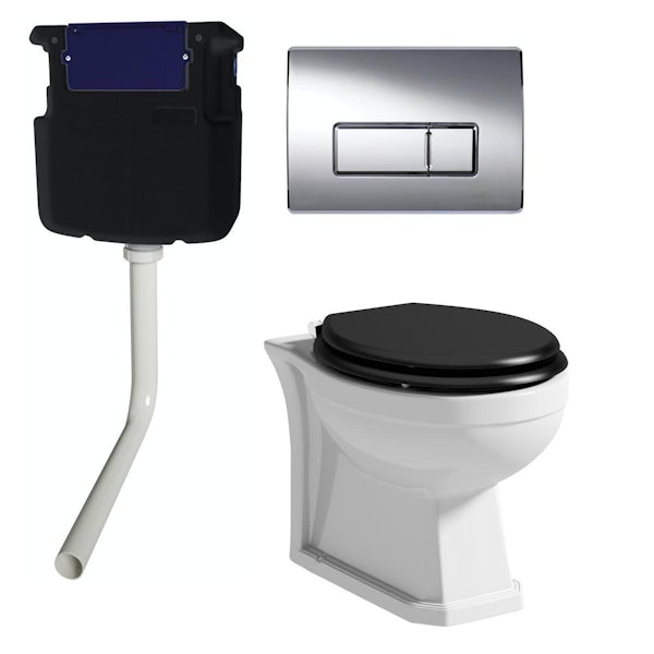 The Bath Co. Camberley back to wall toilet with black soft close seat, concealed cistern and push plate