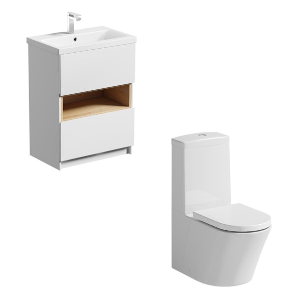 Mode Tate close coupled toilet and white and oak vanity unit suite 600mm