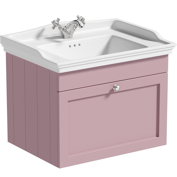 The Bath Co. Ascot pink wall hung vanity unit and ceramic basin 600mm with tap