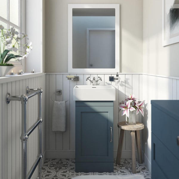 The Bath Co. Aylesford mineral blue floorstanding vanity unit and ceramic basin 400mm with tap