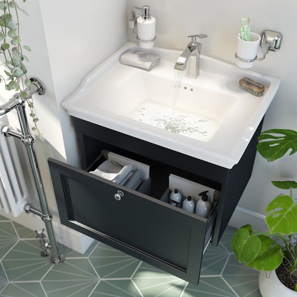 The Bath Co. Ascot graphite wall hung vanity unit and ceramic basin 600mm