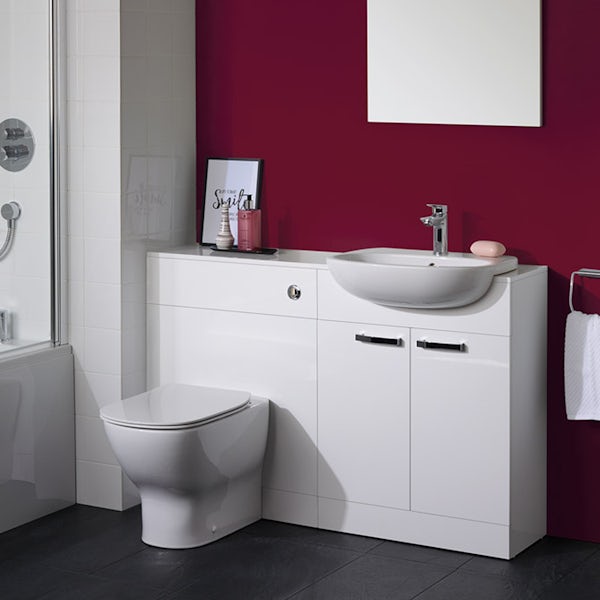 Ideal Standard Tempo gloss white back to wall unit, concealed cistern, push button and toilet with soft close seat