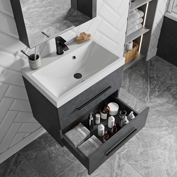 Orchard Kemp riven grey wall hung vanity unit with black handles and basin 600mm with tap