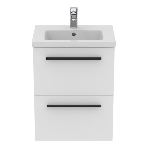 Ideal Standard i.life S matt white wall hung vanity unit with 2 drawers and black handles 500mm