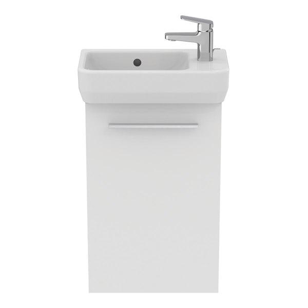 Ideal Standard i.life S matt white compact basin unit with 1 door and brushed chrome handle 410mm